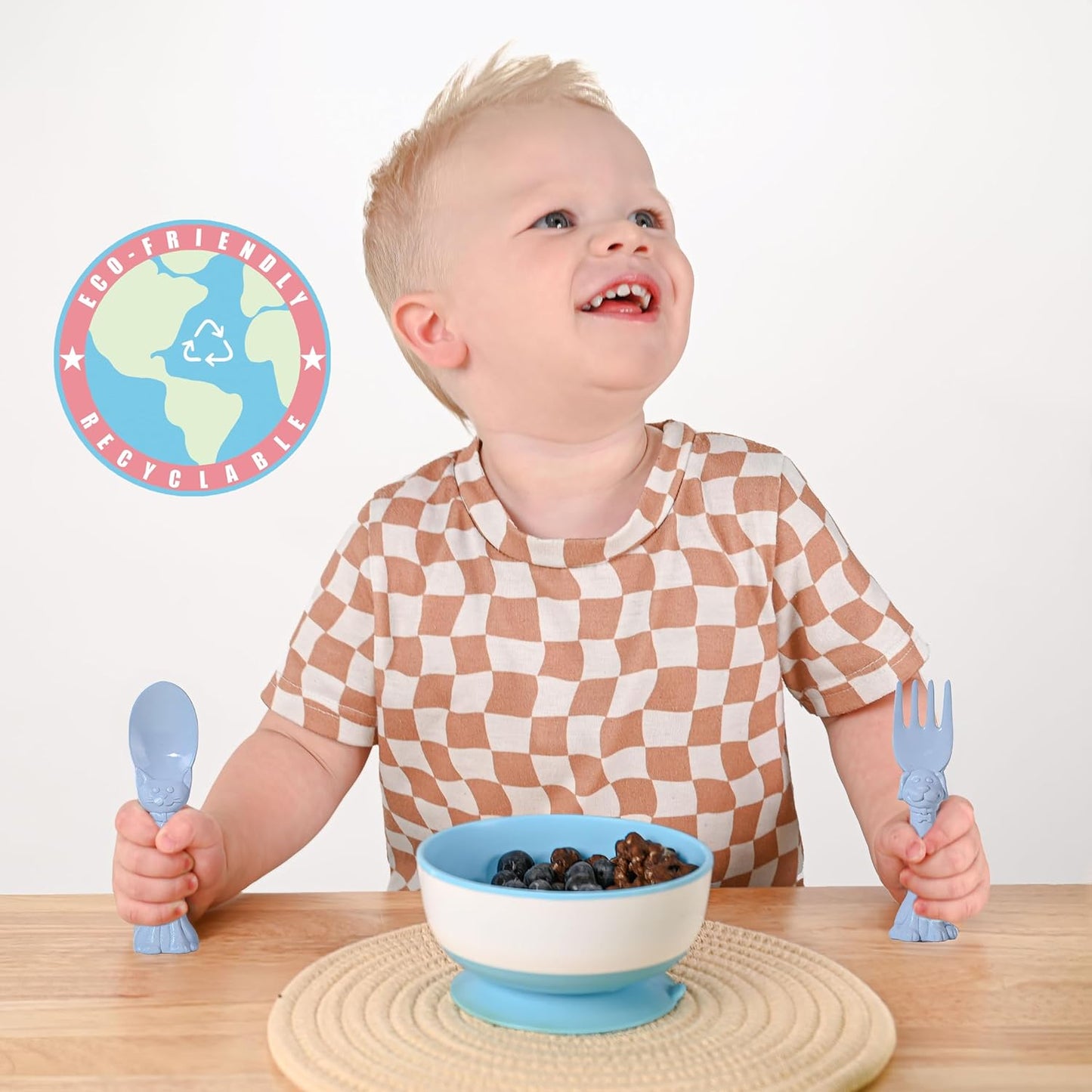 Made in USA Spoon la la Toddler Utensils Set - 6 Pack (3 Spoons & 3 Forks for Kids) - Self-Standing 3D Ergonomic Cat & Dog Handles - BPA-free, Dishwasher Safe, Baby Silverware (Pink, Blue, Yellow)