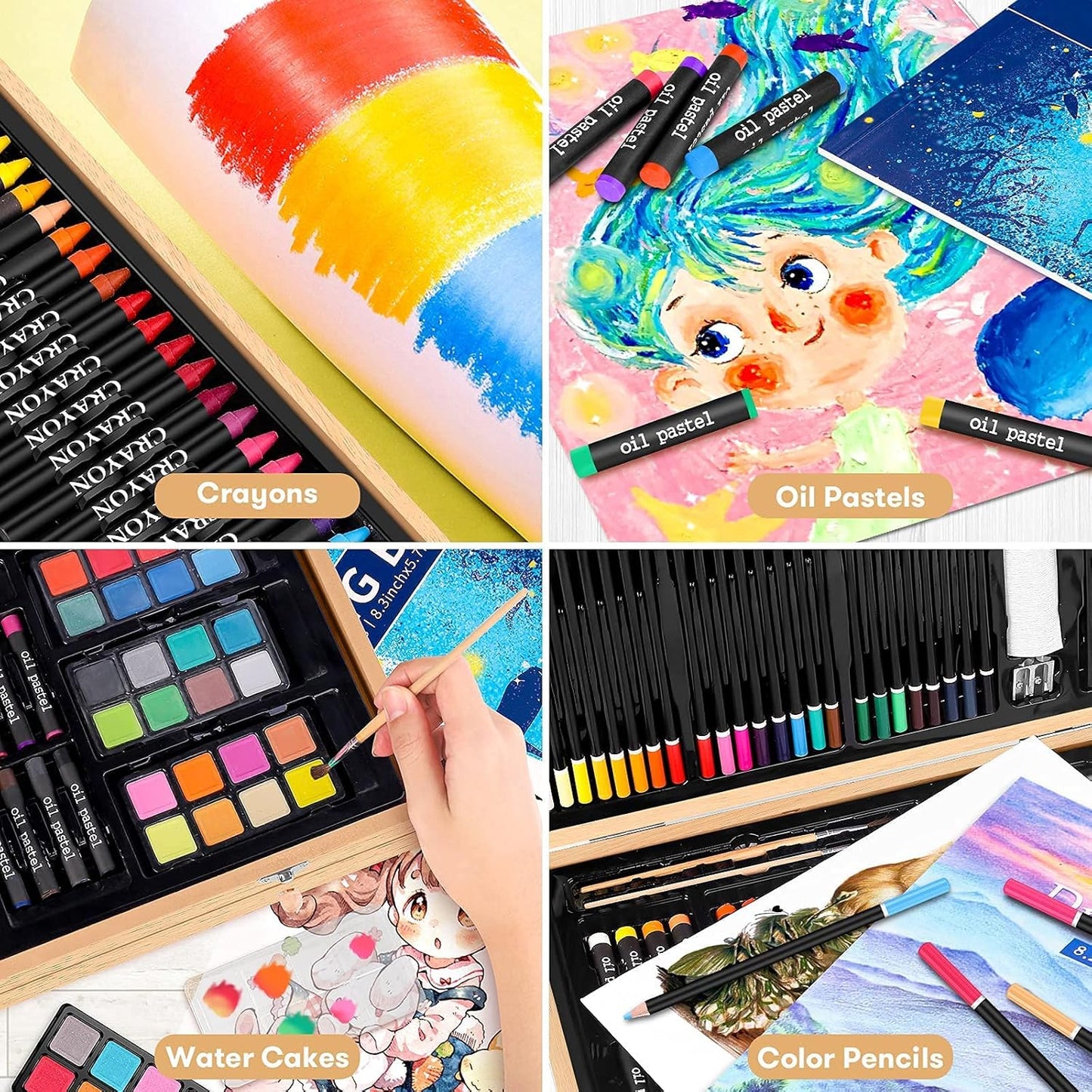 Art Supplies, iBayam 150-Pack Deluxe Wooden Art Set Crafts Drawing Painting Kit with 1 Coloring Book, 2 Sketch Pads, Creative Gift Box for Adults Artist Beginners Kids Girls Boys