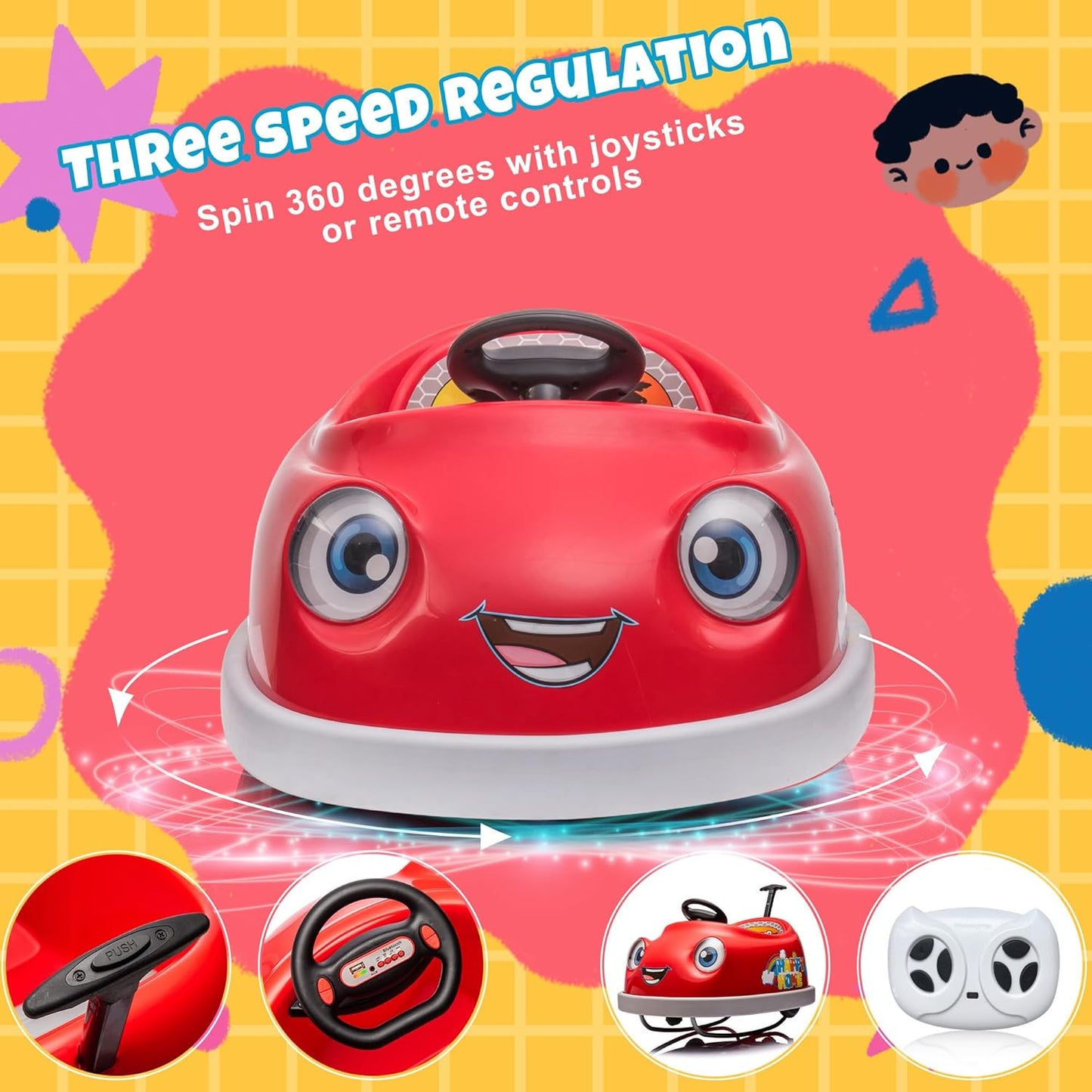 12V Dual Battery Electric Ride on Kids Bumper Car w/Remote Control,360 Degree Spin,Push Rod Rocker Horse Function,3-Speeds Babies & Toddlers Bumping Car Ride on Toy Gift for 1-4 Years Children (Red)