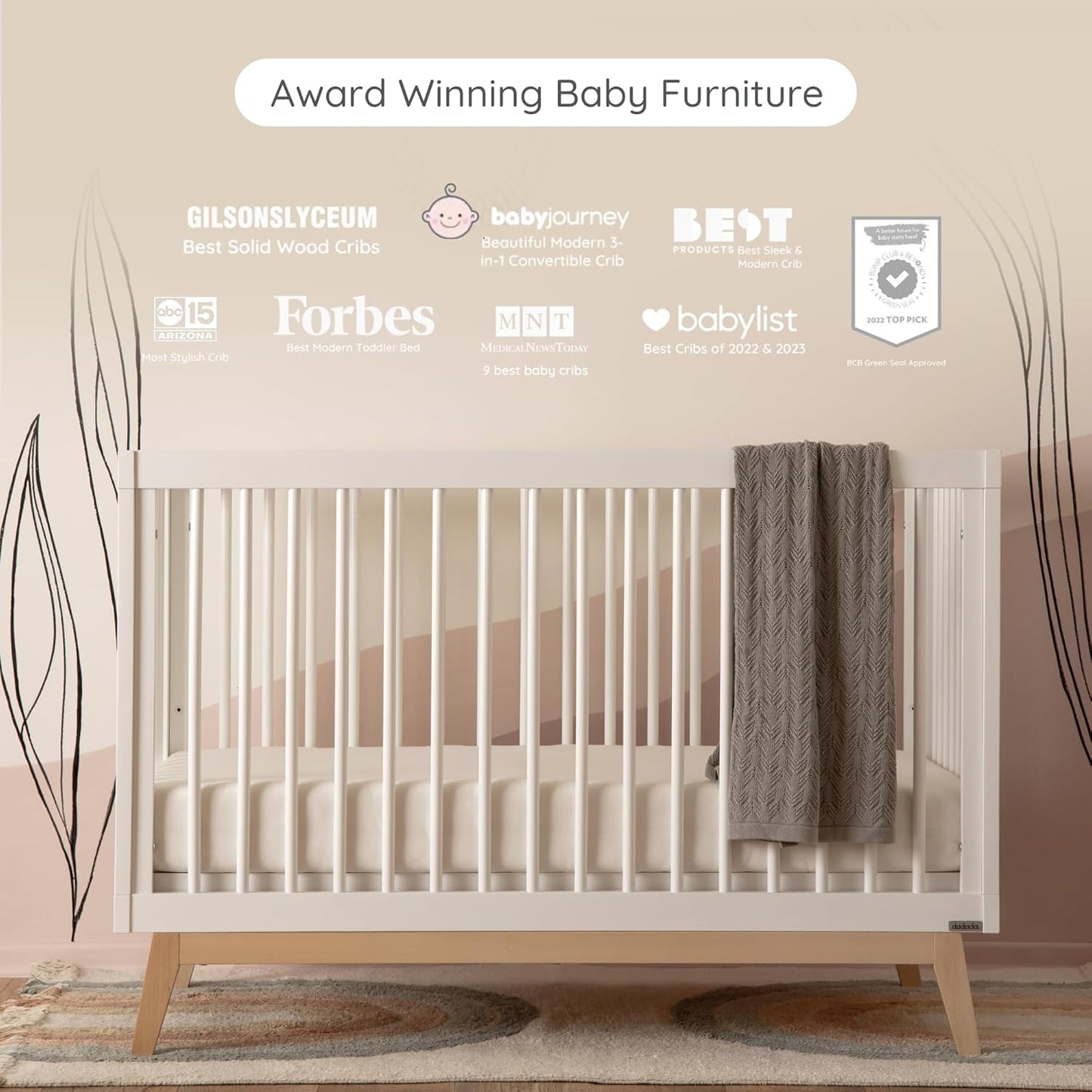 dadada Baby Soho 3-in-1 Convertible Wooden Crib to Toddler Bed - Made in Italy, GREENGUARD Gold Certified, Baby-Safe Finish, Sustainable Beech Wood, Modern Design, 3 Adjustable Heights (White/Natural)