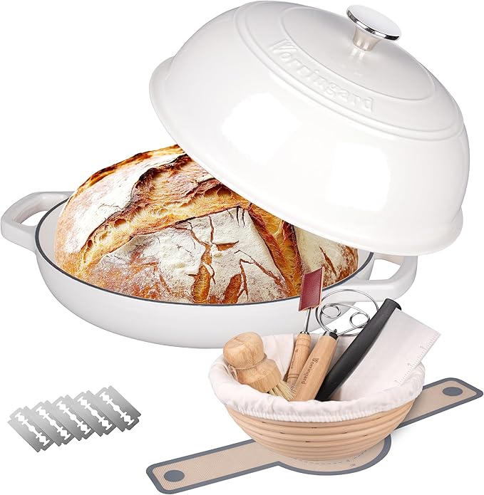 Enameled Cast Iron Dutch Oven Pot with Lid, Bread Oven for Sourdough Bread Baking, Dutch Ovens with Bread Proofing Basket& Baking Supplies Set, 6 Quart, White