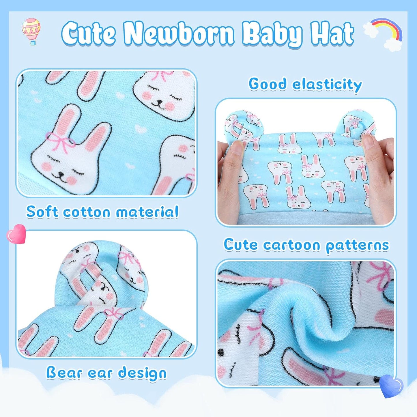 Geyoga 6 Pieces Newborn Baby Hat Bear Ears Infant Caps Baby Boy Girl Toddler Hats Infant Beanie Caps for 0-3 Months