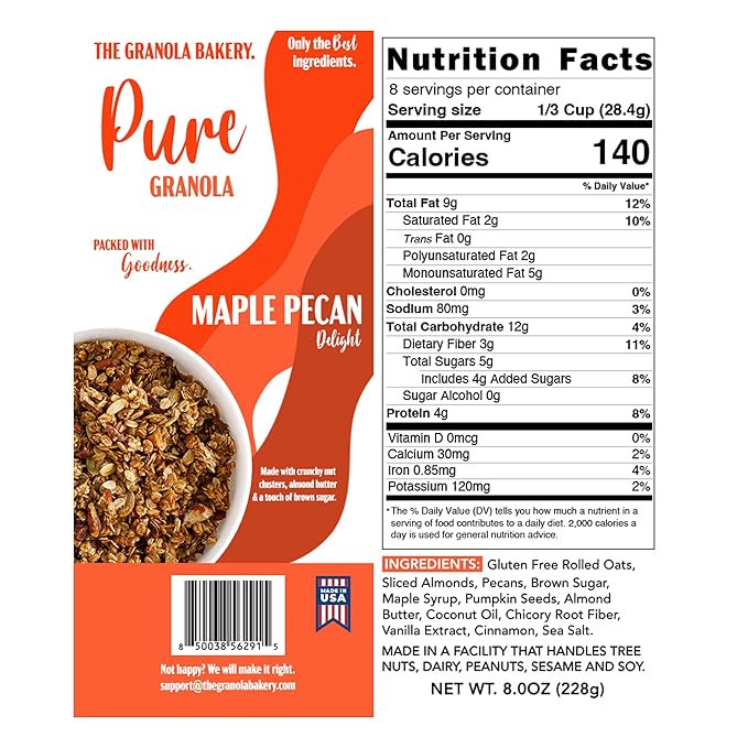 TGB Maple Pecan Granola, Crunchy Almond Butter Clusters, Low Sugar, Gluten Free, Non-GMO, Natural Breakfast Cereal, Healthy Snack, 8 ounces