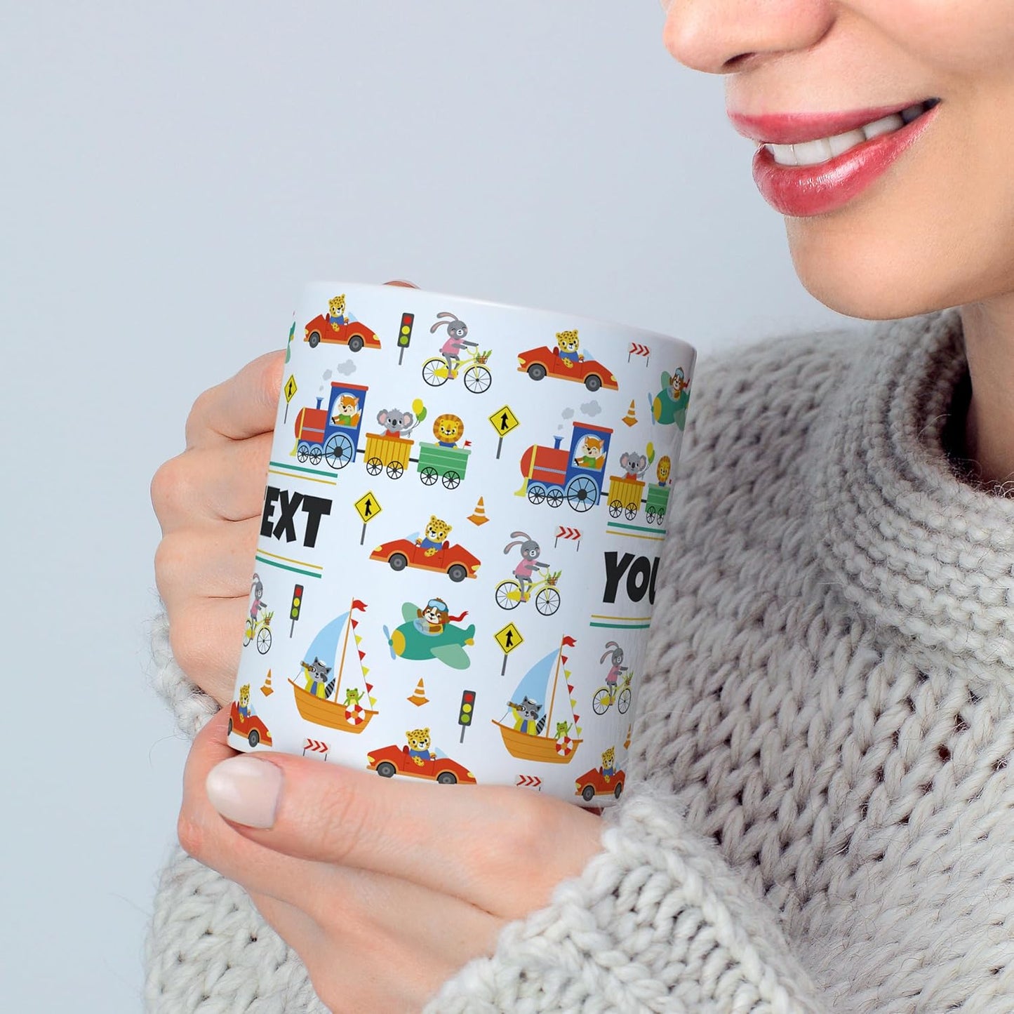 Personalized Mug for Kids - Vehicles - Custom Name/Text, Ceramic Hot Chocolate/Cocoa/Coffee Cup for Boys, Birthday/Christmas/Holiday Gift - 15 oz, Black Handle