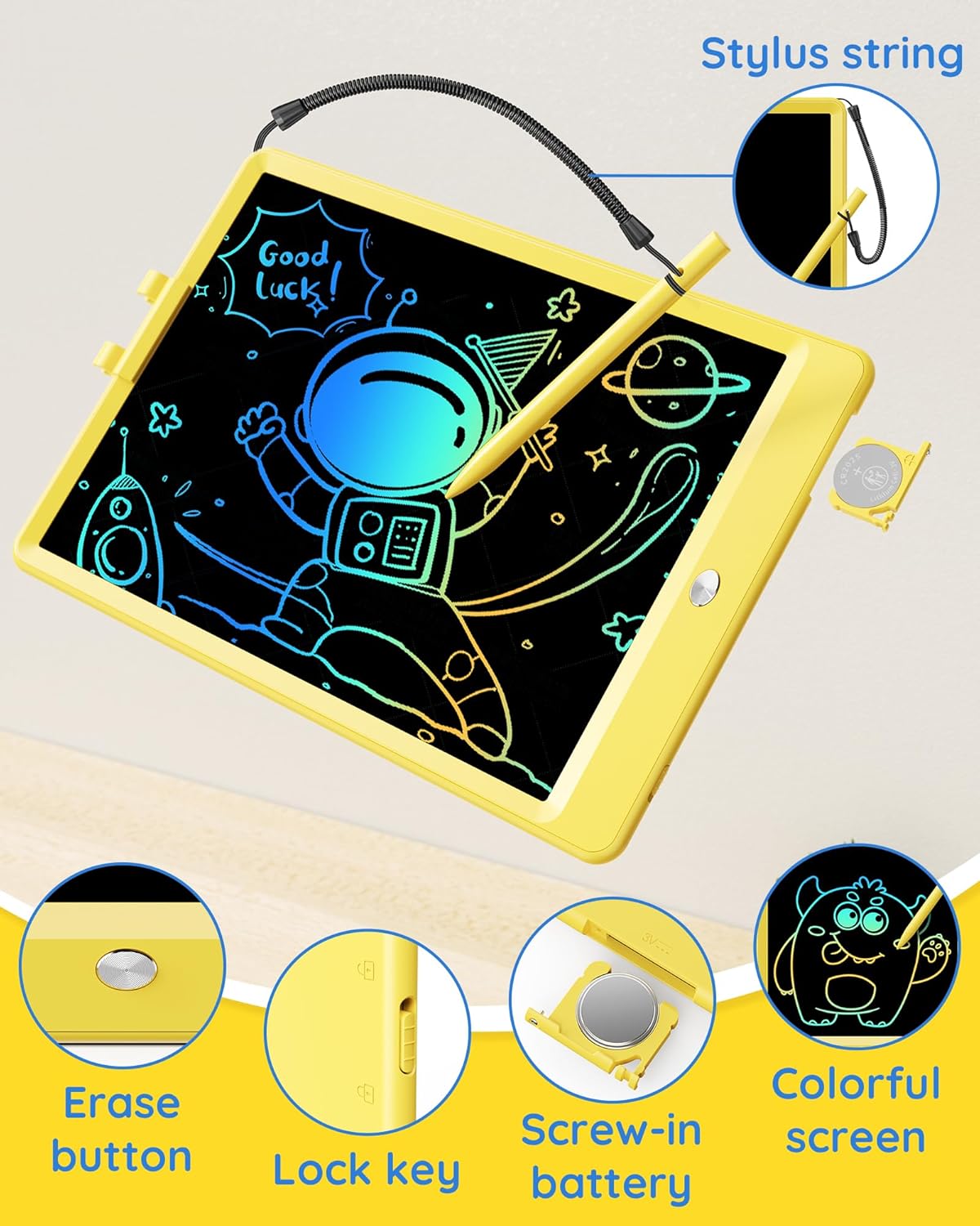 TEKFUN Toys for Girls Boys 10IN LCD Writing Tablet, Magic Doodle Board with Anti-Lost Stylus, Mess Free Coloring for Toddlers Drawing Pad, Toddler Travel Car Plane Trip Toys Gifts (Yellow)