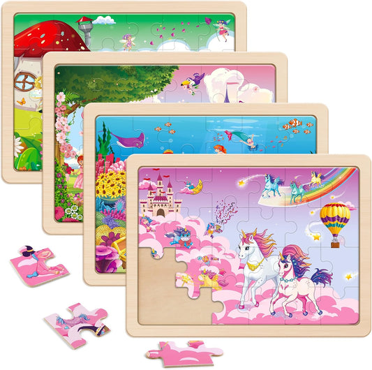 SYNARRY Large Unicorn Mermaid Princess Fairy Wooden Kids Puzzles 4 in 1 Gift Box(12.2 * 9.4 in) - FSC Certified, Wood Puzzles for Kids Ages 4-6, Toys Gifts for 3 4 5 Year Old Toddlers Girls