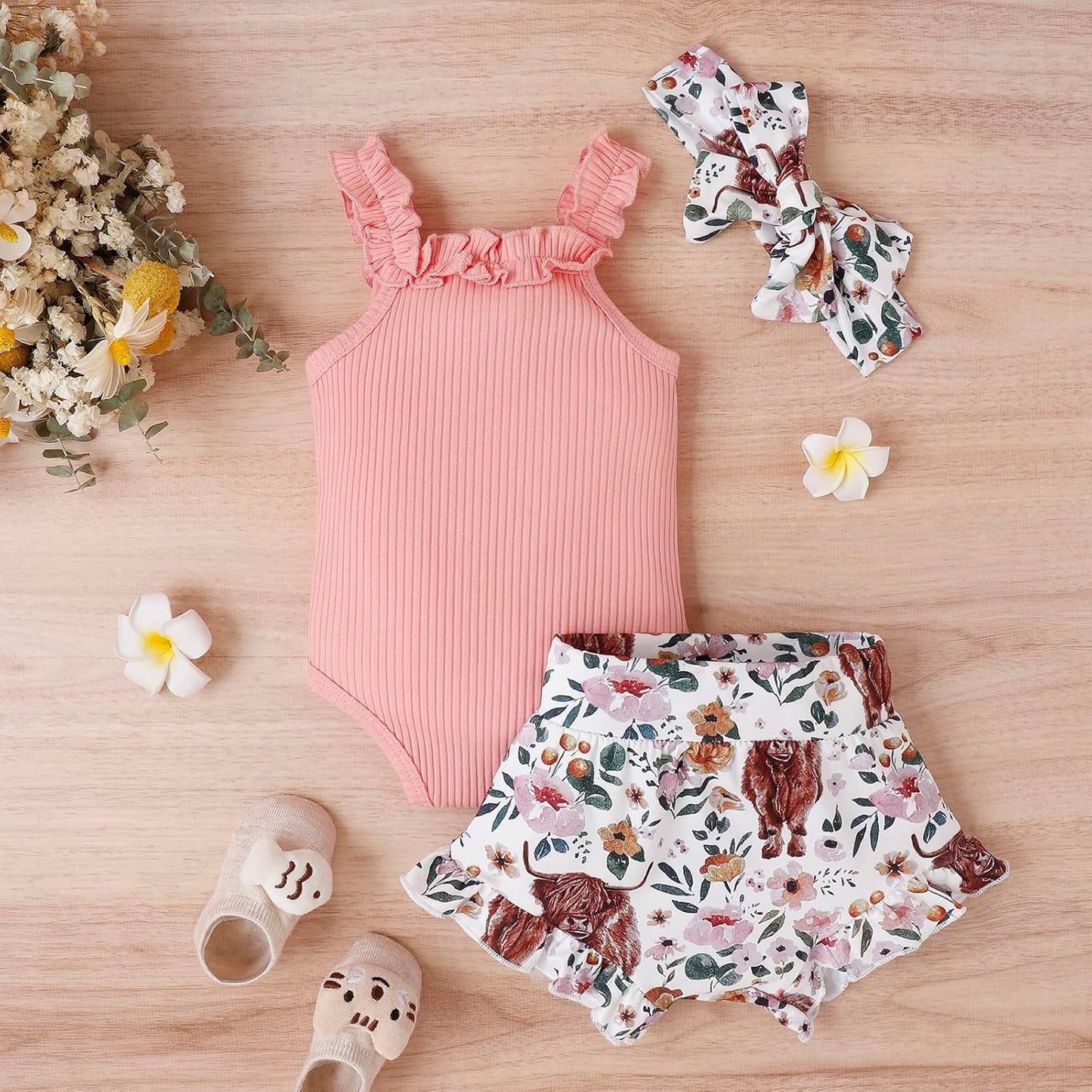 fhutpw Baby Girl Clothes Summer Cute Outfits 3 6 12 18 Months Spaghetti Strap Romper & Floarl Shorts Sets