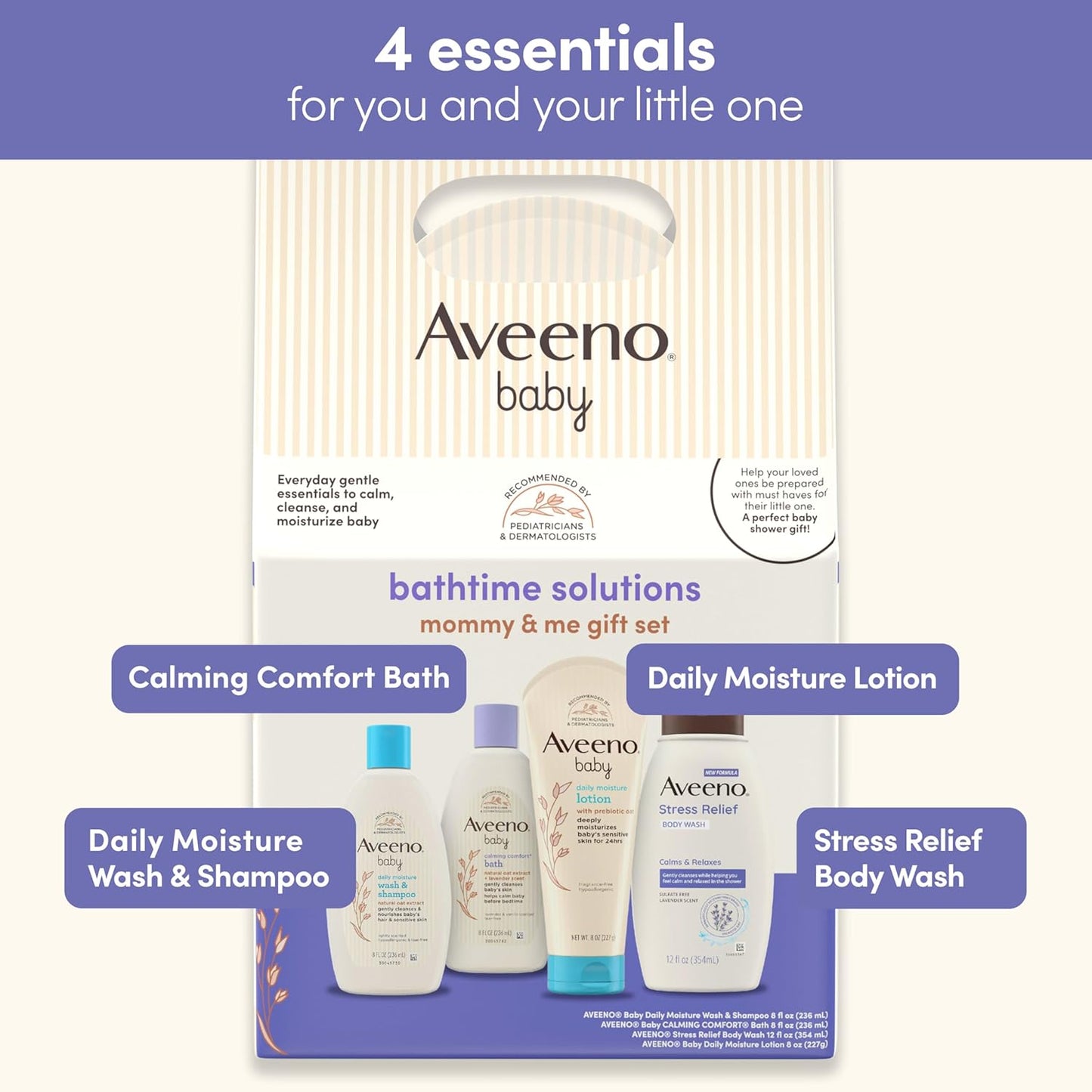 Aveeno Baby Bathtime Solutions Mommy & Me Gift Set, Baby Wash & Shampoo, Calming Bath, Daily Moisturizing Lotion & Stress Relief Body Wash for Mom, Nourishing Oat, Registry Must Haves, 4 items