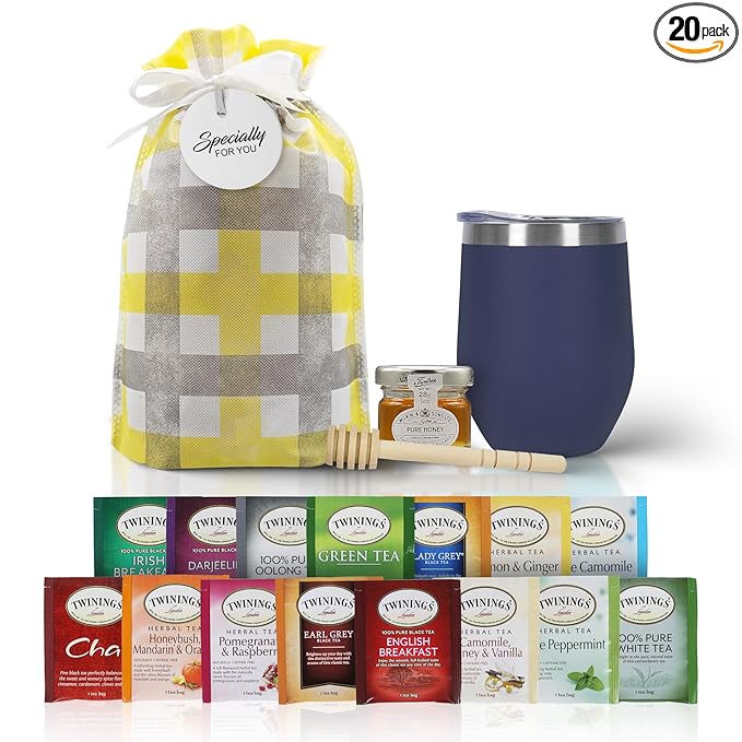 Tea Gift Set for Women & Men – Includes Assorted Teas, Elegant Mug & Honey (Blue)