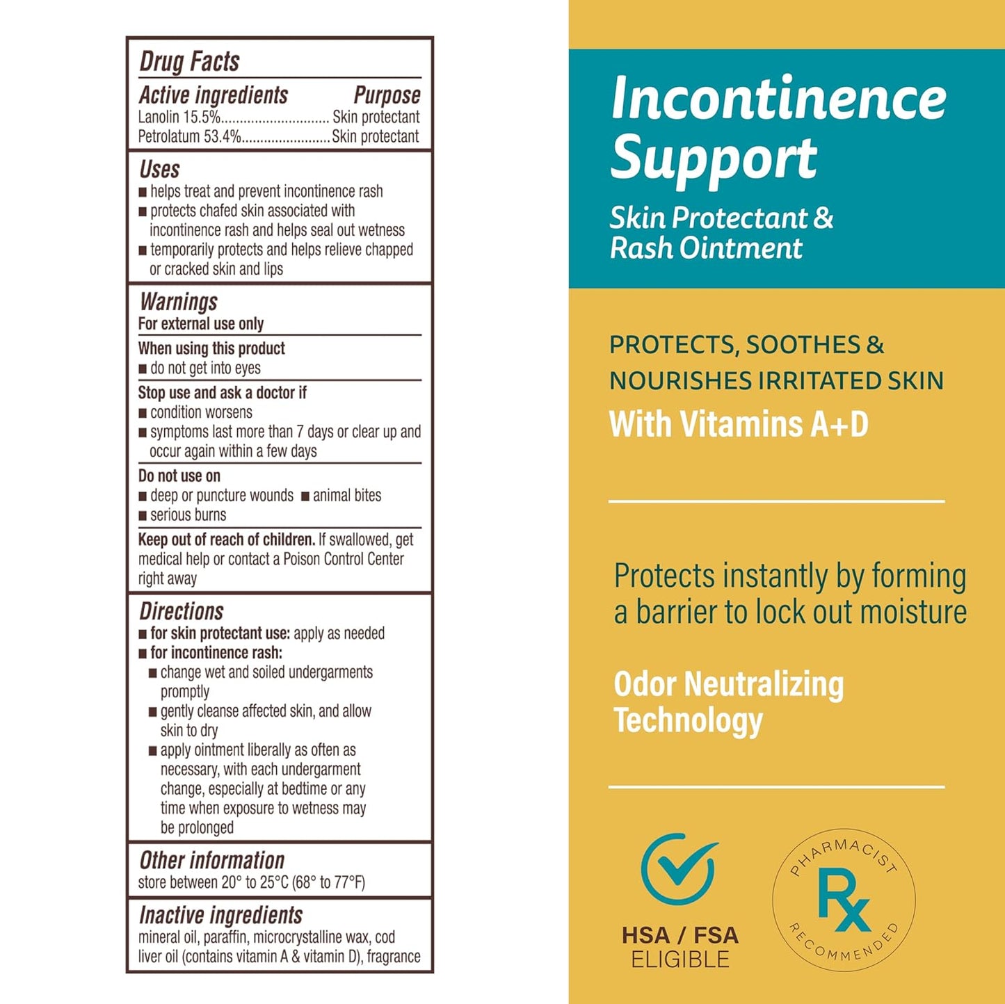 A+D Incontinence Support Skin Protectant & Rash Ointment – Treats & Prevents Incontinence Rash, Soothes Chafed Skin, Odor Neutralizing Technology - 3.5oz