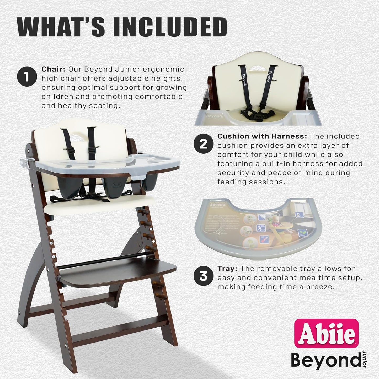 Abiie Beyond Junior Wooden High Chair with Tray - Adjustable and Convertible High Chair for Babies and Toddlers - 6 Months to 250 Lb - Water Resistant - Mahogany Wood/White Cushion