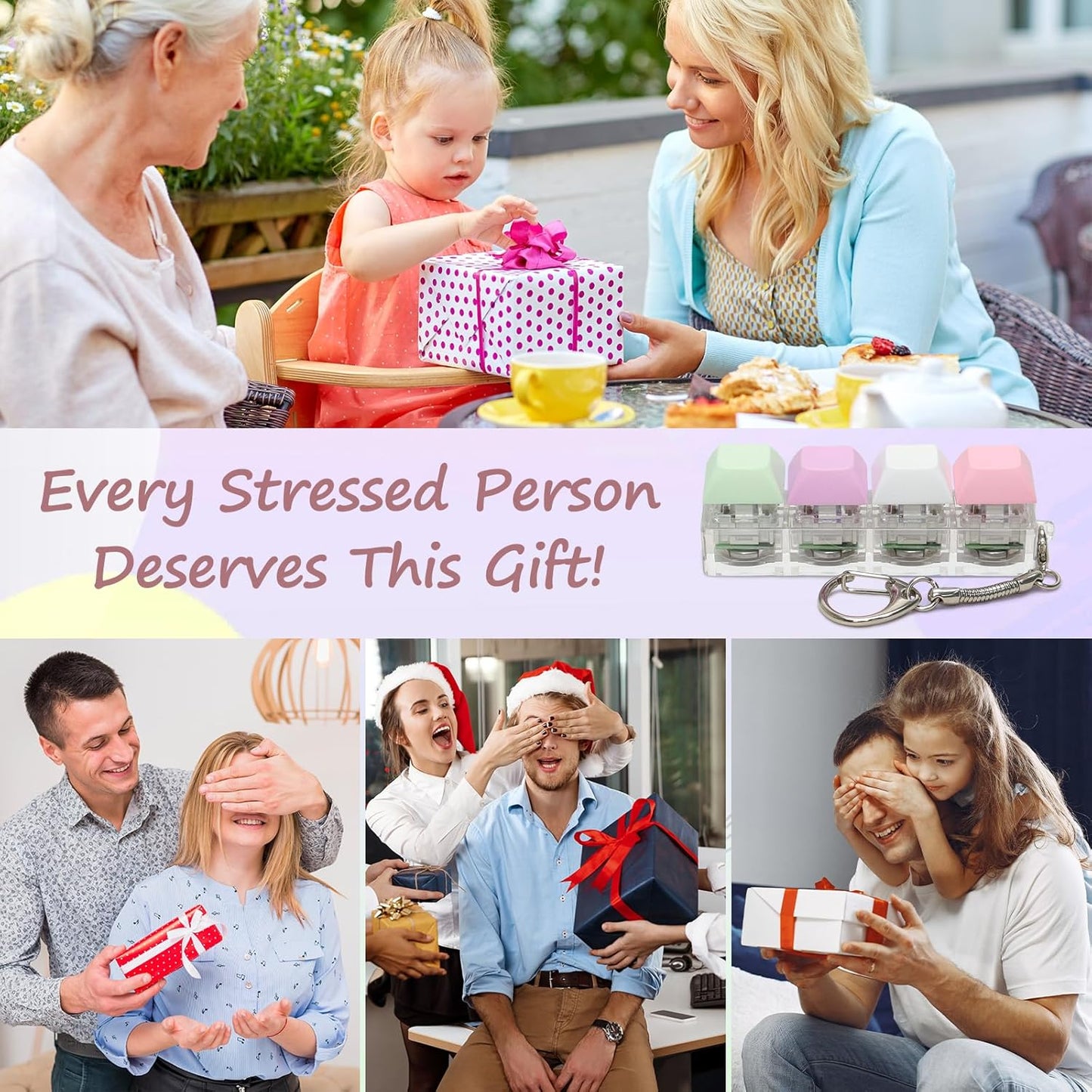 Keyboard Fidget Toys for Adults Keyboard Clicker with LED Light Keychain Fidget Sensory Fun Toys for Anxiety Decompression (Macaroon2, 4 in 1)