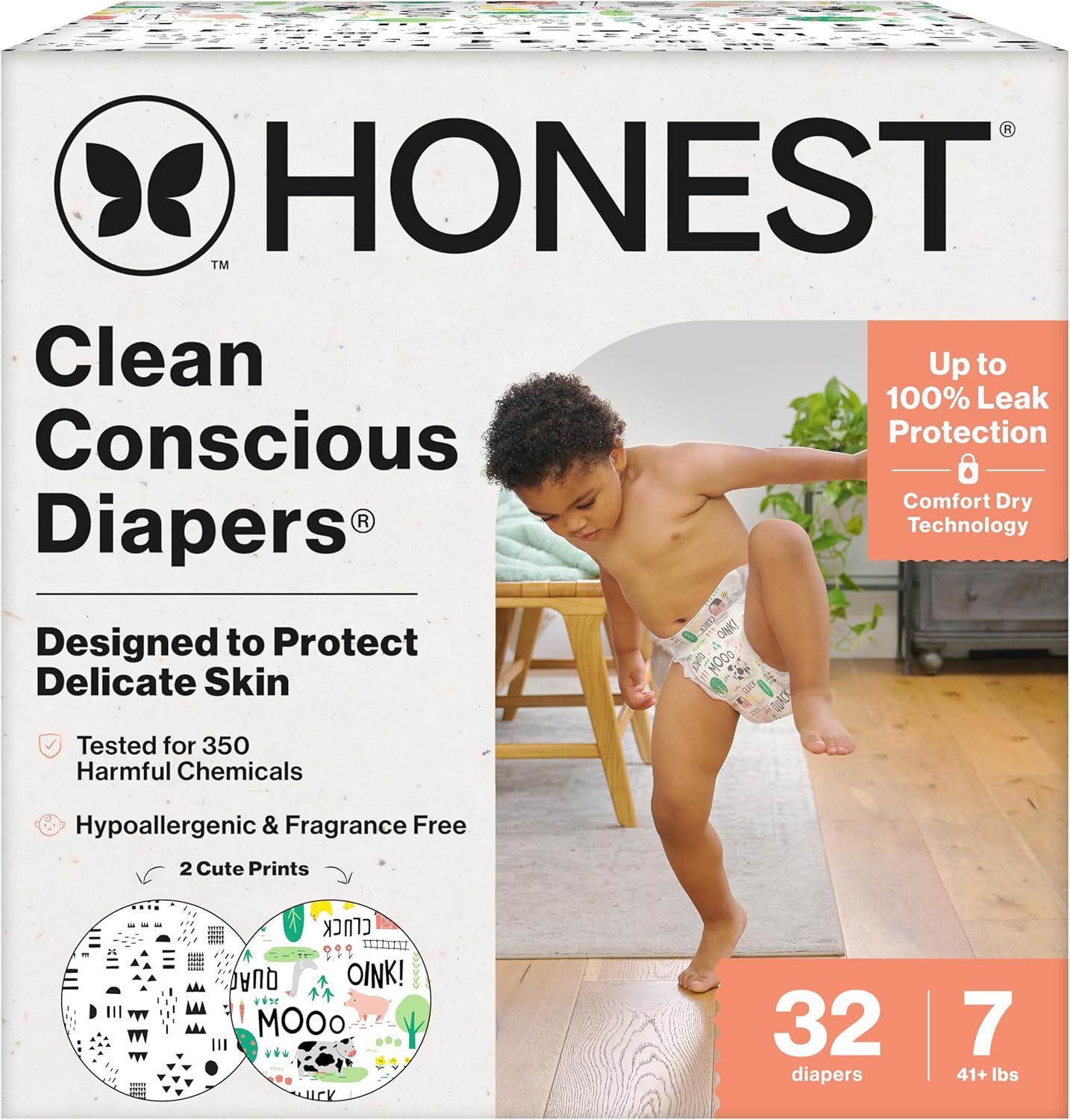 The Honest Company Clean Conscious Diapers for Delicate Skin | Up to 100% Leakproof | Hypoallergenic, Fragrance Free | Gender Neutral | Club Box, Size 7 (41+ lbs), 32 Count (Prints May Vary)