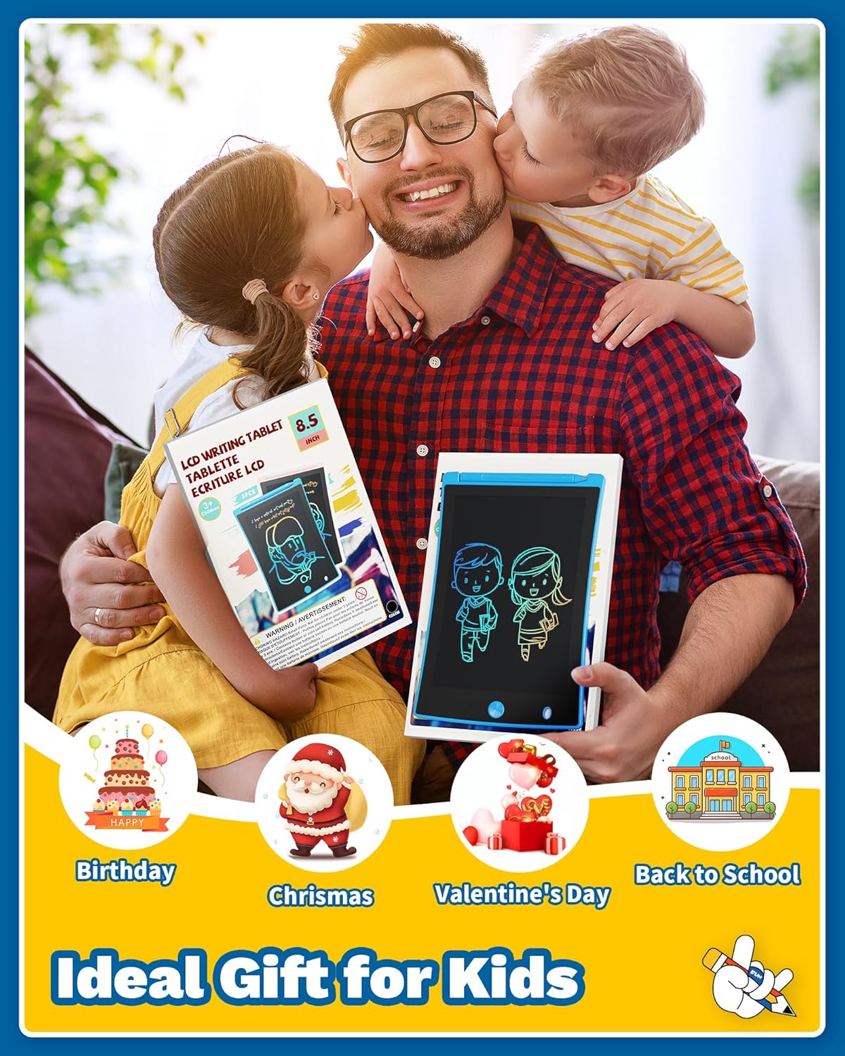 TEKFUN 2 Pack LCD Writing Tablet with Stylus, 8.5in Erasable Doodle Board Mess Free Drawing Pad for Kids, Car Trip Educational Toys Birthday Christmas Gift for 3 4 5 6 7 Girls Boys (2*Blue)