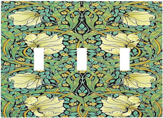 Decorative Switch Plates William Morris Vintage Floral Yellow Flowers Green Leaf 3 Gang Wall Plate Triple Toggle Light Switch Cover Faceplate Electrical Wall Panels for Bedroom living Room