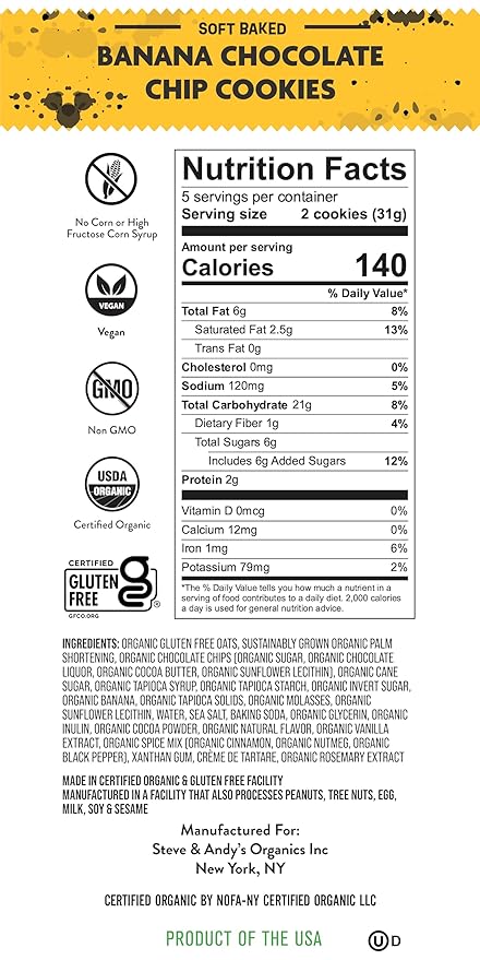 Steve & Andy’s Soft Bake Chocolate Chip Banana Bread Cookies -Organic, Gluten Free, Non-Gmo, Vegan, Dairy Free, Nut Free, Egg Free, Wheat Free, Soy Free – 16.5 Oz, 3 Boxes (30 Cookies)