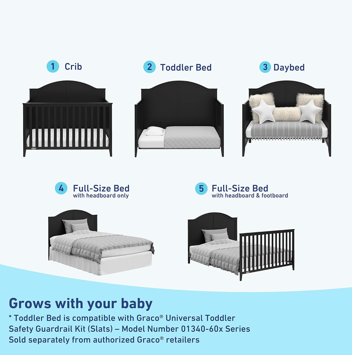 Graco Wilfred 5-in-1 Convertible Crib (Black) – GREENGUARD Gold Certified, Converts to Toddler Bed and Full-Size Bed, Fits Standard Full-Size Crib Mattress, Adjustable Mattress Support Base