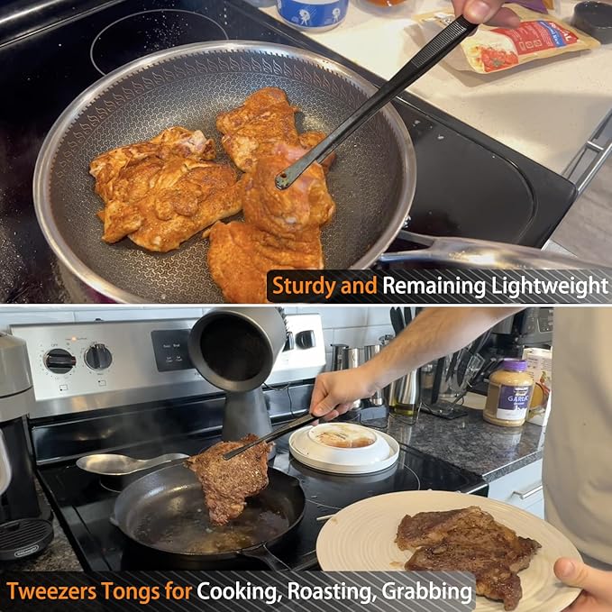 JETKONG 3 Pcs Kitchen Tweezers Tongs, Stainless Steel Cooking Tweezers, 8+10+12 Inch Ideal for meat, pasta, plating and pinching delicate small pieces of food (Black)