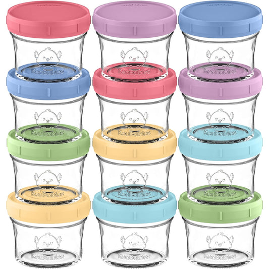 KeaBabies 12pk 4oz Glass Baby Food Containers with Lids - Leak-Proof, Microwavable Small Glass Jars, Baby Purees & Toddler Snack Storage Containers, BPA-Free, Dishwasher & Freezer Safe (Nord)