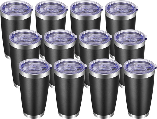 VEGOND 20oz Tumbler with Lid and Straw Stainless Steel Tumbler Cup Bulk Vacuum Insulated Double Wall Travel Coffee Mug Powder Coated Coffee Cup, Black 12 Pack