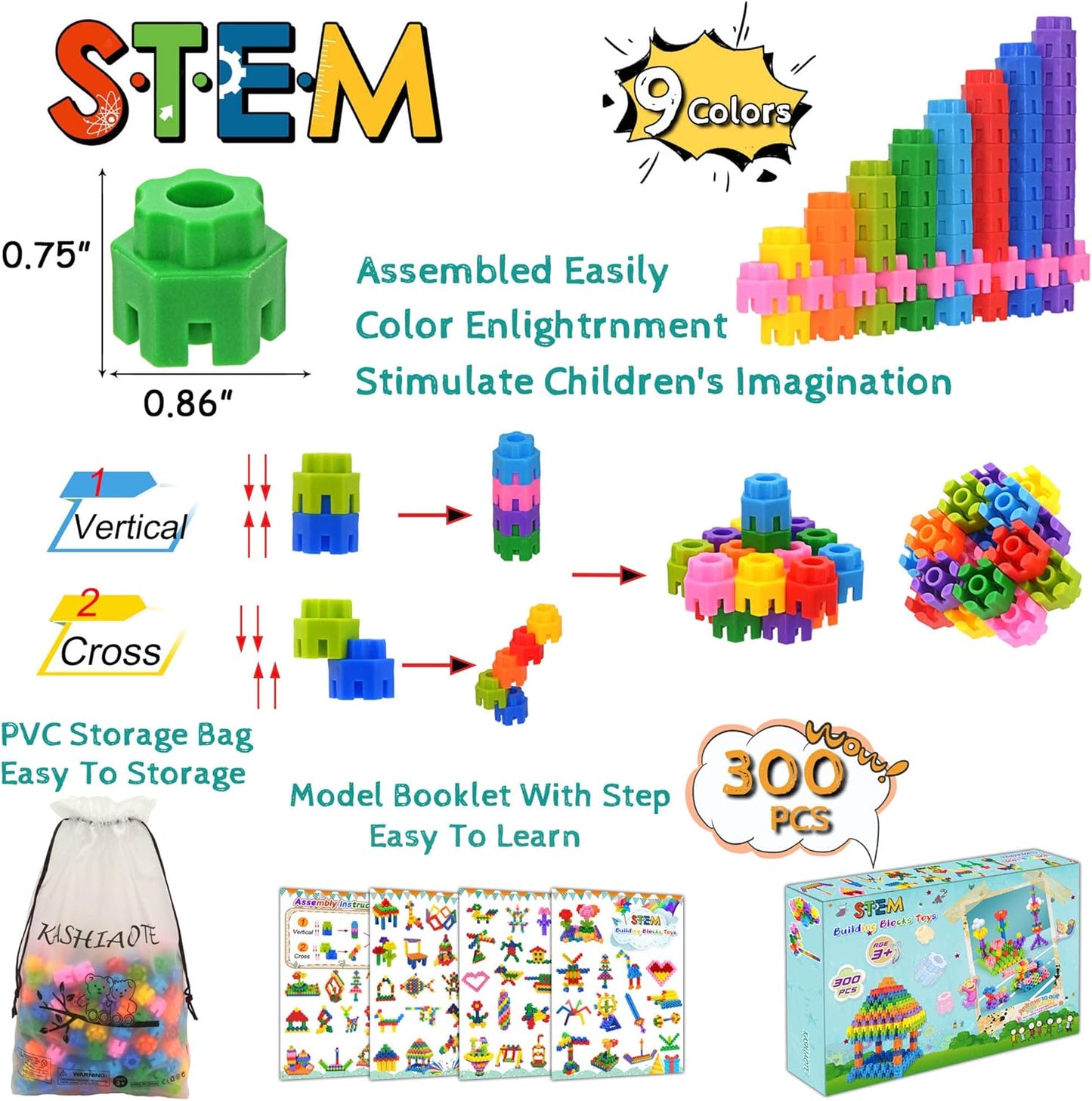 Kids Toys Interlocking Learning Set, STEM Construction Set - Ages 3+ STEM Toys 300 Pcs - 9 Colors