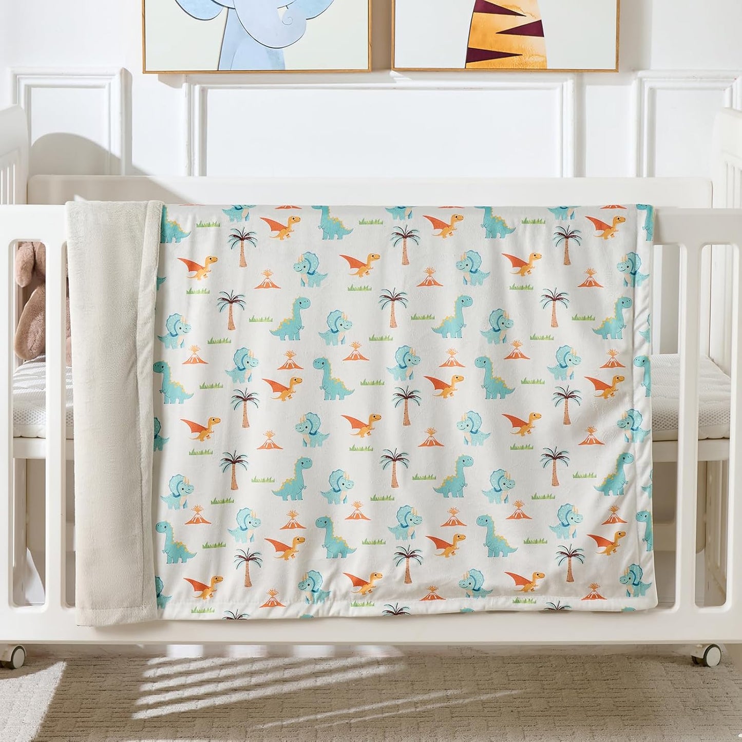 Baby Blanket 30x40 Inches Soft Double Layer Fleece Throw with Multicolor Dinosaur Gender Neutral Crib Blanket for Infant, Toddler, Newborn Baby Girl or Boy Shower Gift