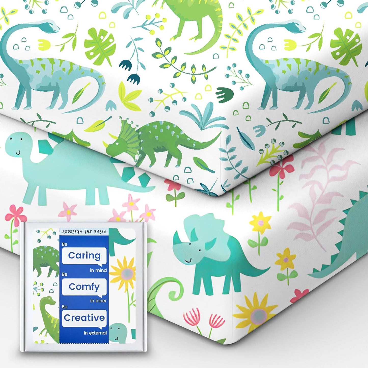 Dinosaur Crib Sheets for Boys, Premium Soft Crib Mattress Fitted Sheet, Ultra Breathable Baby Sheets, Super Stretchy Baby Bed Sheets 28x52x9 Extra Deep Pocket, 2 Pack