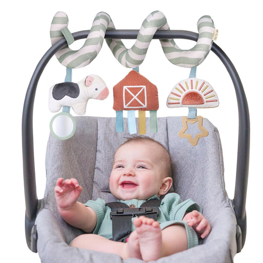 Itzy Ritzy Spiral Car Seat & Stroller Activity Toy - Stroller & Car Seat Toys for Ages 0 Months and Up - Hanging Toys Include Dangling Ring, Mirror and Textured Ribbons (Farm)