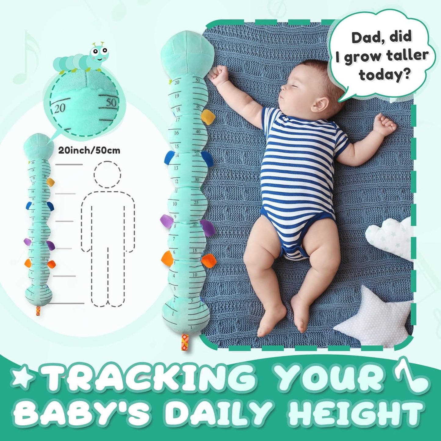 Baby Toys 0 to 12 Months, Musical Stuffed Animal Activity Soft Toy with Multi-Sensory Crinkle, Rattle and Textures, Infant Tummy Time Toys for Newborn Boys Girls, Caterpillar, Blue