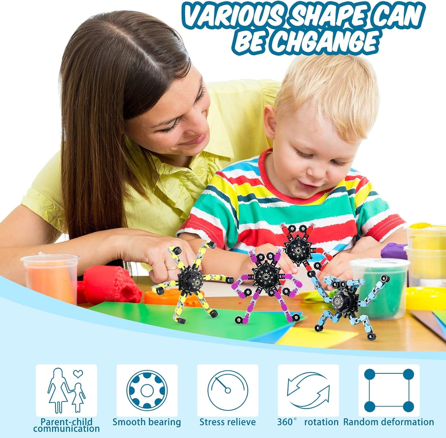 Zhanmai Transformable Fidget Spinners Fidget Toys for Kids and Adults Stress Relief Sensory Toys Transformable Chain Robot Fingertip Gyros for ADHD Autism for Kids Gifts(48 Pack)