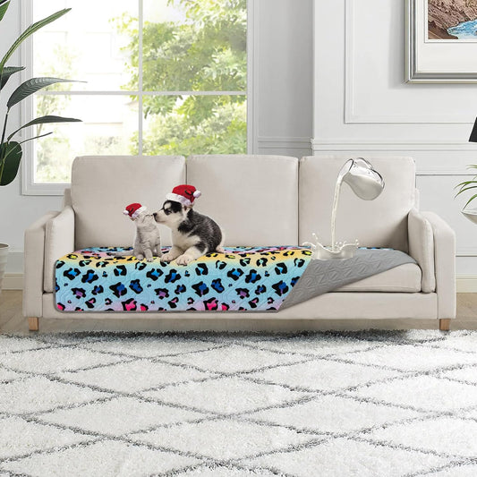 Waterproof Dog Bed Cover 30x70inch Reversible Pad Reusable Camping Mat for Kids/Pet/Dog/Cat Washable Geometric Embroidery Blanket Patchwork Rainbow Leopard Printed+Gray