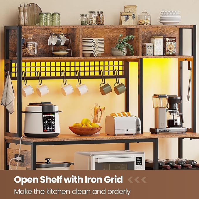 Itaar 47.2 Inch Bakers Rack with Power Outlet, Microwave Stand with Storage, Farmhouse Coffee Bar Cabinet Station with Wine Rack, Iron Grid and 8-S Hooks (Rustic Brown)