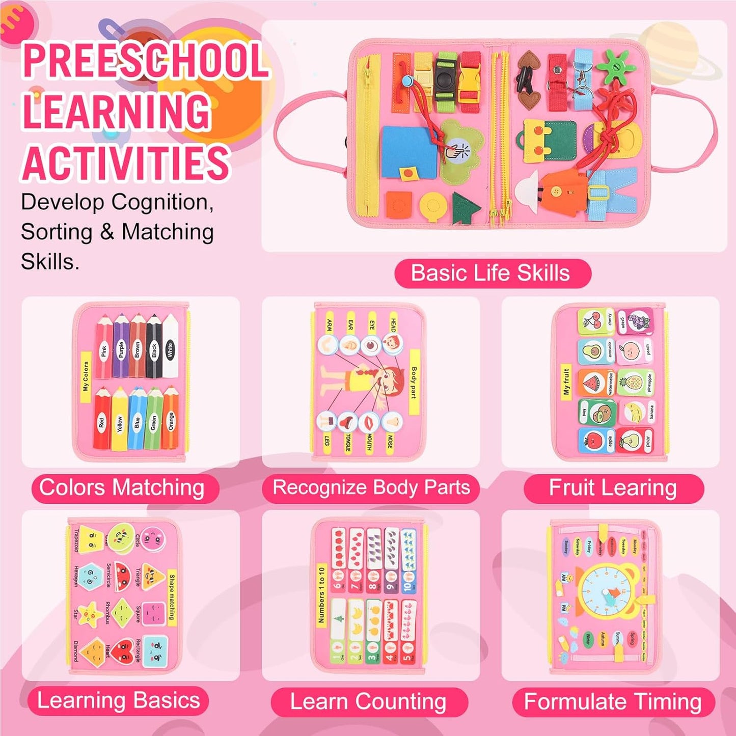 Montessori Busy Board - Ideal Busy Book Toddler Toys & Gifts for Boys & Girls, Toddler Travel Essential for Airplane & Car, Sensory Toys, Great for Baby Gifts for Girls