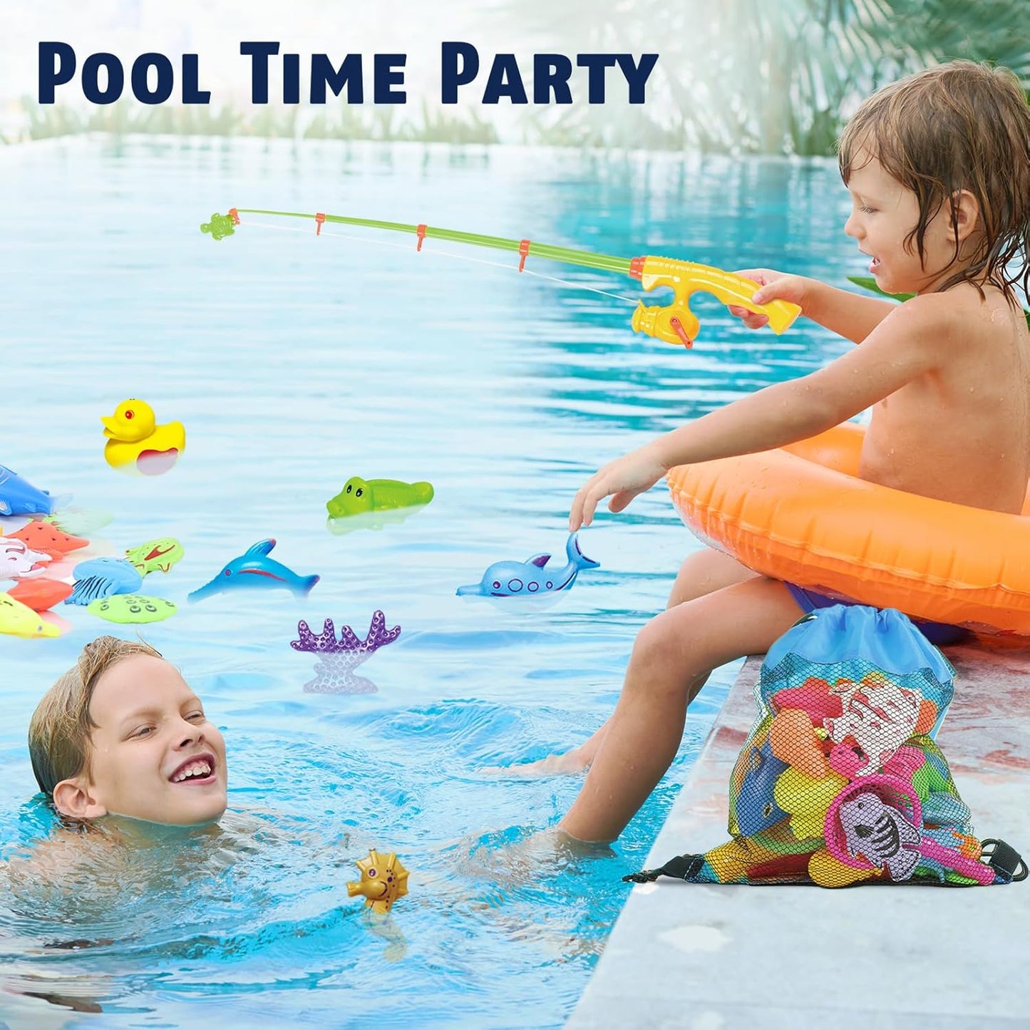 CozyBomB™ Magnetic Fishing Toys Game Set for Kids | Water Table Bathtub Kiddie Pool Party & Pole Rod Net, Plastic Floating Fish Toddler Color Ocean Sea Animals Birthday Age 3 4 5 6 Year
