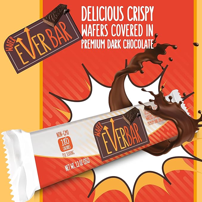 EverBar - Dark'n Crispy Chocolate Bars, 24 Count | Non-GMO, Dark Chocolate Wafer Candy Bar | On the Go | With Coffee or Tea | Healthy Snack | Bite-Size Premium Wafer Chocolate 24 Count (Pack of 1)