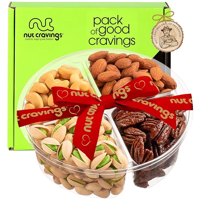 NUT CRAVINGS - Thanksgiving Mixed Nuts Gift Basket + Heart Ribbon (4 Assortments) Holiday Xmas Christmas Food Arrangement, Healthy Snack Care Package, Food Assortments