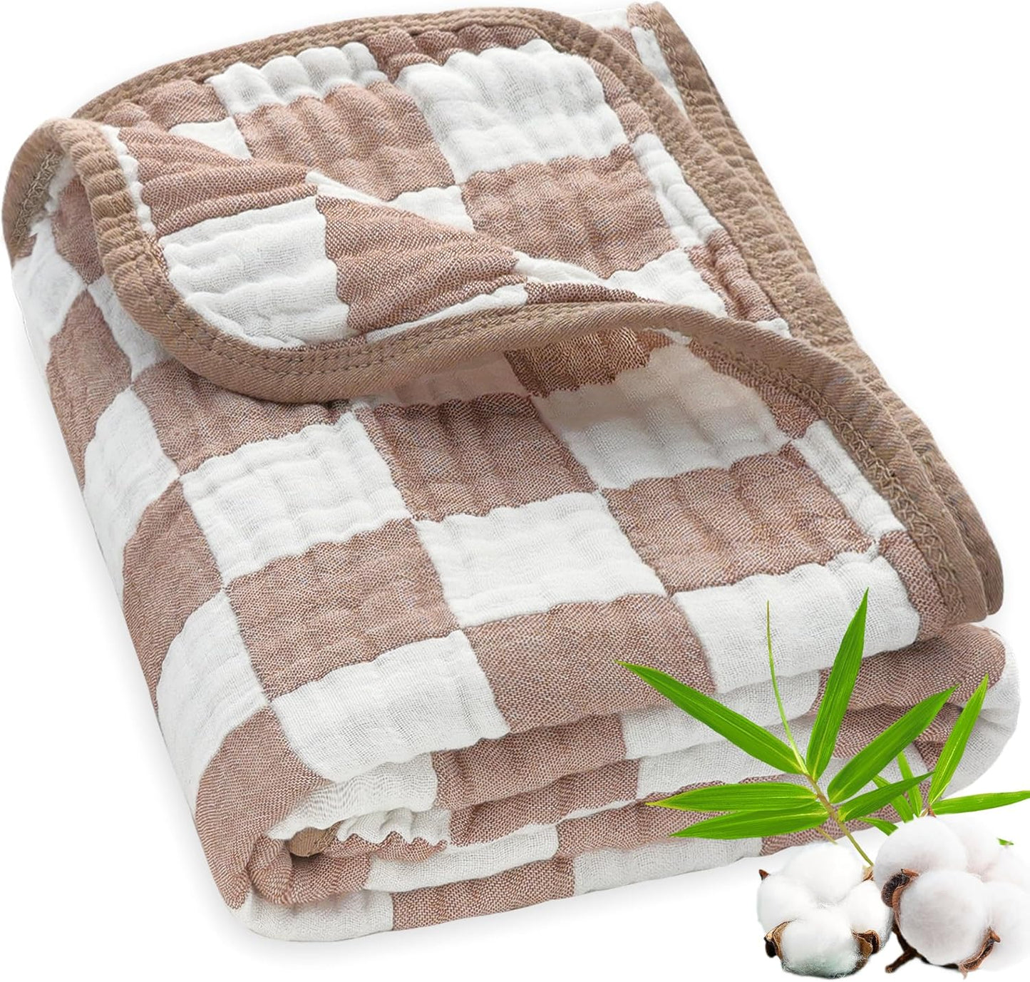 Ultra Soft Muslin Baby Blanket Neutral Versatile 6 Layers Swaddle and Bed Blanket for Babies, Toddlers, Boys or Girls Coffee Checkered 43 x 43 Inches