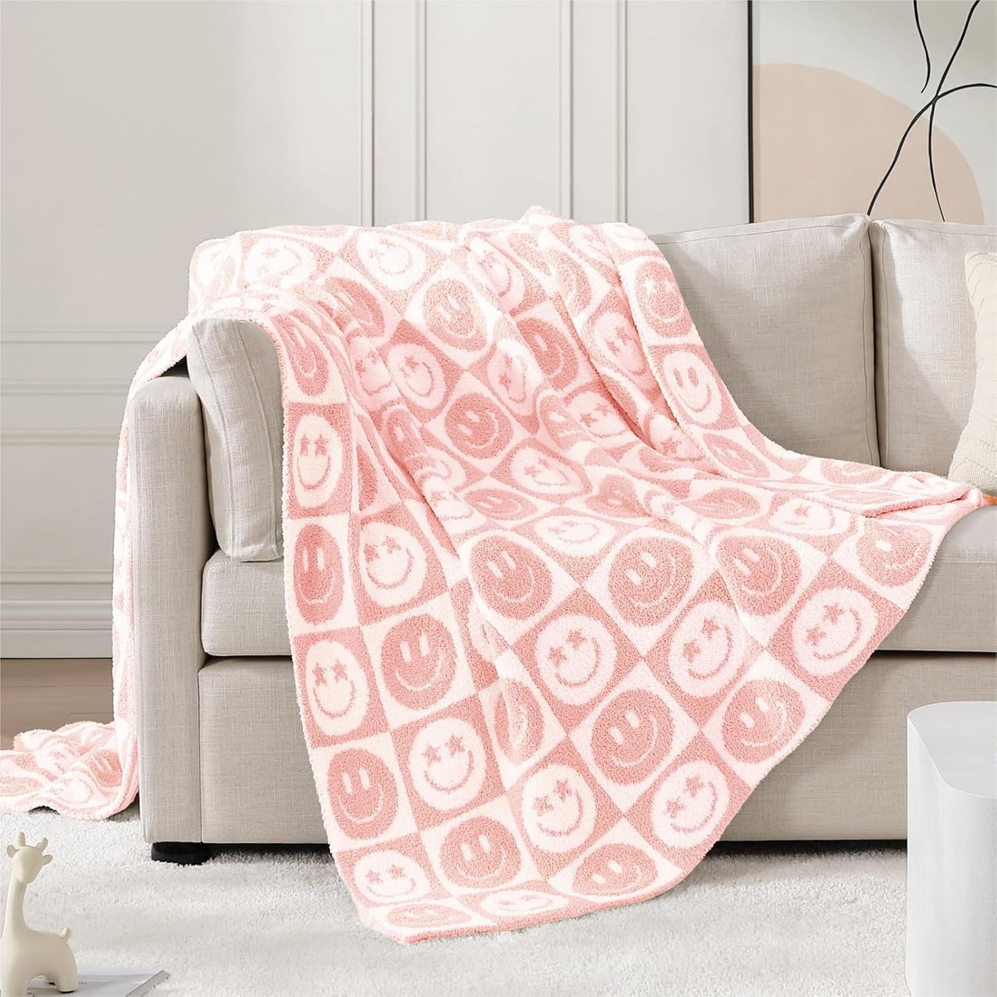 WRENSONGE Checkered Throw Blanket Blossom Smiling Face Soft Cozy Fluffy Warm Hand Made Throw Blankets for Couch, Sofa, Chair, Bed, Camping, Picnic, Travel Lightweight Bed Blanket - 50"*60"