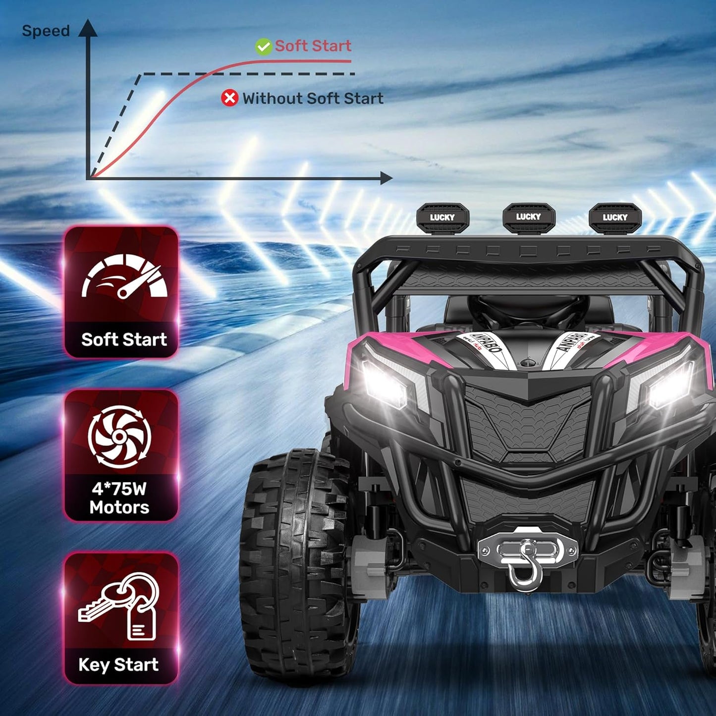 ANPABO 24V 4X4 Ride on Car Truck w/Remote Control, 4WD/2WD Switchable Kids UTV, 19" Spacious Seat, 4 Shock Absorbers, Soft Start, Music Player, Electric Car for Kids Ages 3+(Pink)