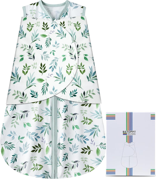 Newborn Sleep Sack Baby Swaddle,Swaddle me 3-6 Month,3-Way Adjustable Wearable Blanket,100% Rayon Cotton Swaddling Sleeping Bag，TOG 0.5 (Leaf, 3-6 Months)