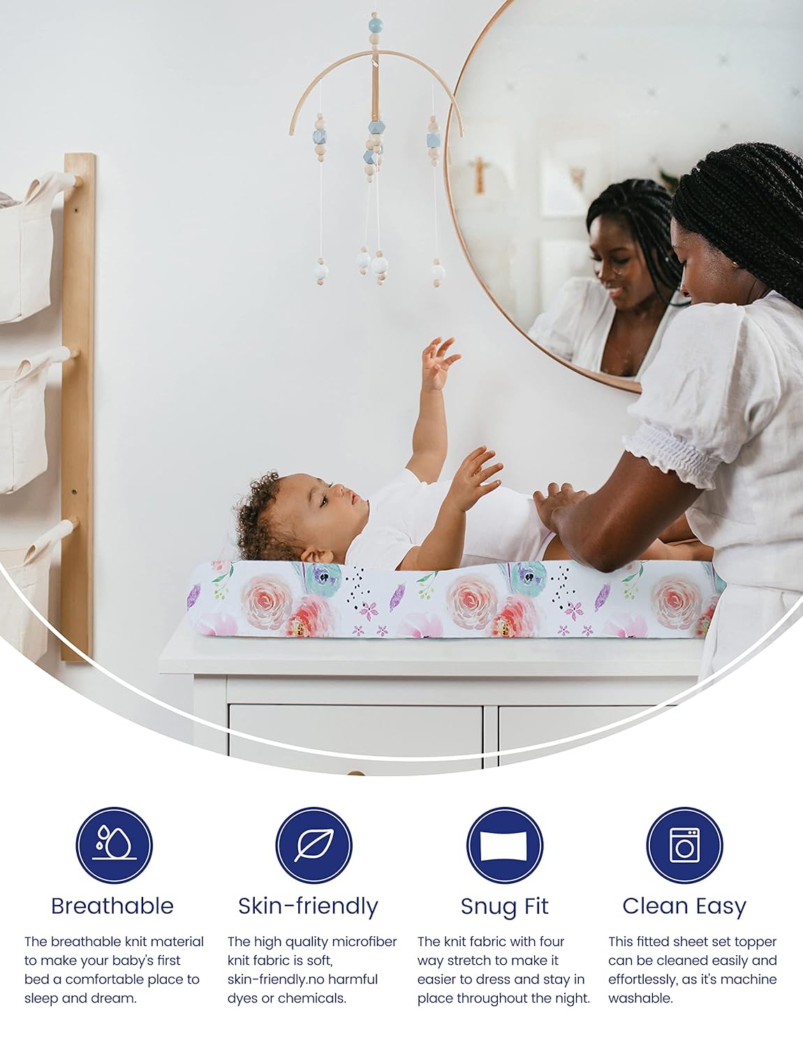 TotAha Premium Stretchy Changing Pad Covers (2-Pack)-Hypoallergenic, Silky Comfort, Buttery Soft, Calming Effect, All-Season Jersey-Knit 32'' X 16'' X 5'' Deep Pocket (Colorful Flora & Blue Flowers)