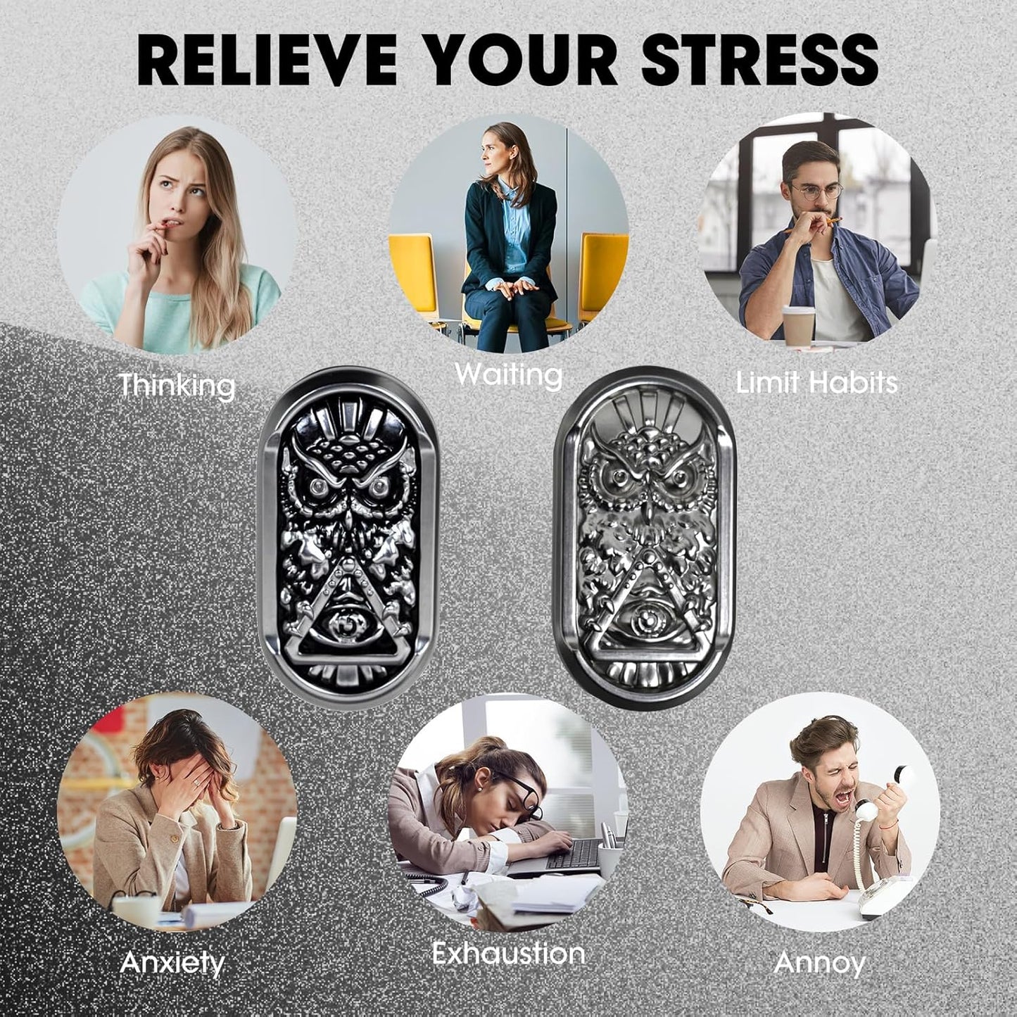 Fidget Slider, Metal Magnetic Fidget Toys Adults, Owl Push Card,Desk Toys Gift for Stress Relief (Silver Base)