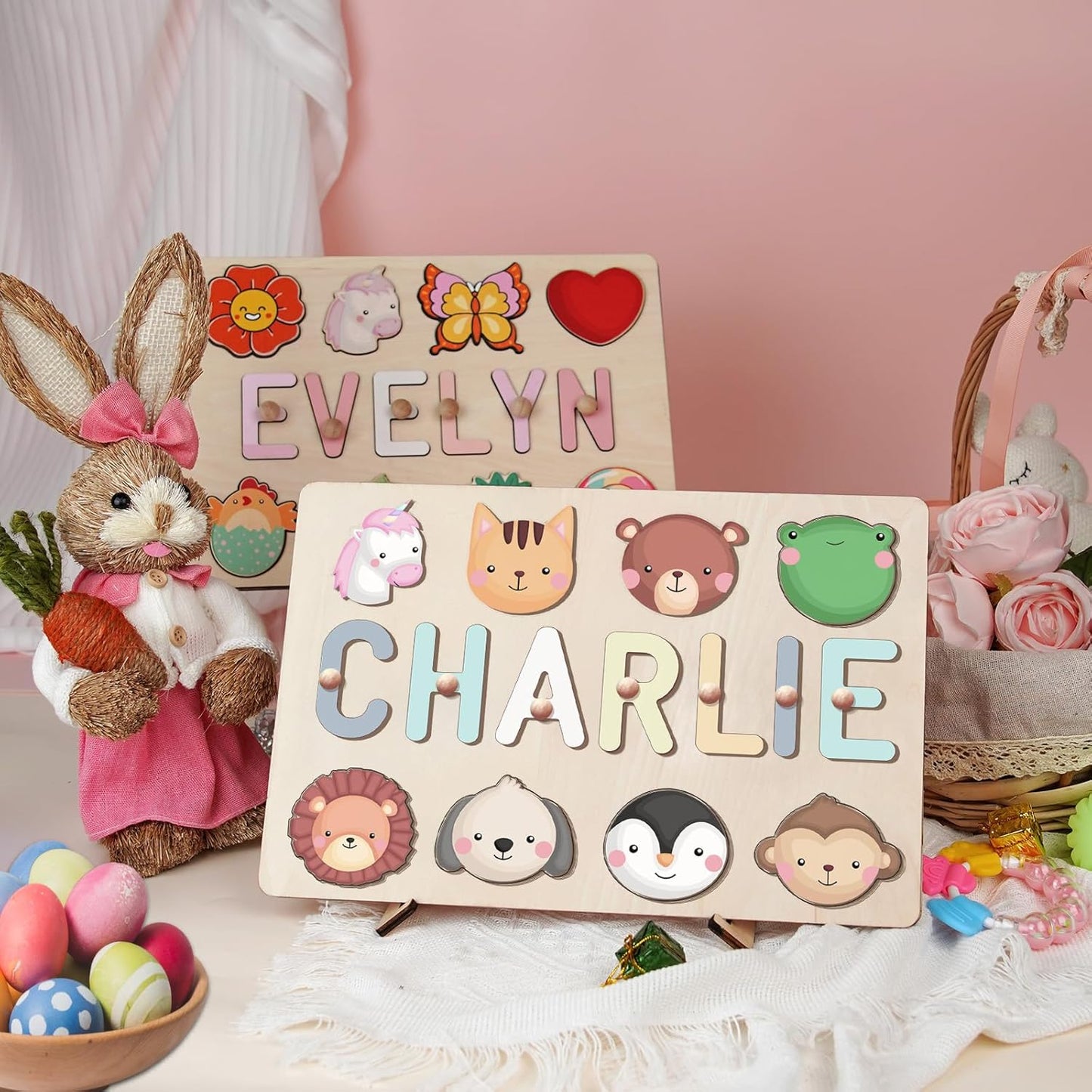 Personalized Name Puzzle for Kids, Personalized Baby Gifts Name Puzzles for Toddlers 1-3 with Pegs Engraved Text Greetings on Back, 1st Birthday Christmas Easter Gifts for Boys&Girls, Montessor Toys