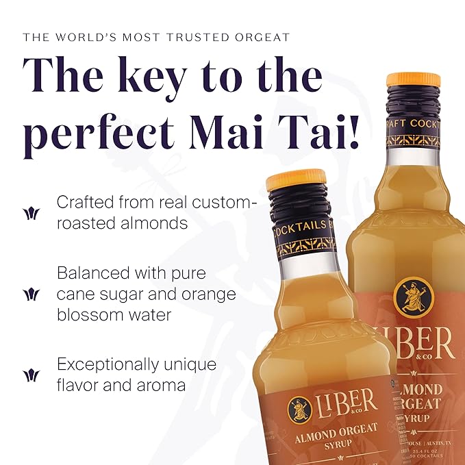 Liber & Co. Almond Orgeat Syrup (25.36 oz) - Craft Cocktail Mixer Made with California Almonds & Orange Blossom Water - Makes 34-50 Cocktails - Essential for Authentic Mai Tais, Tiki Drinks, and Coffee