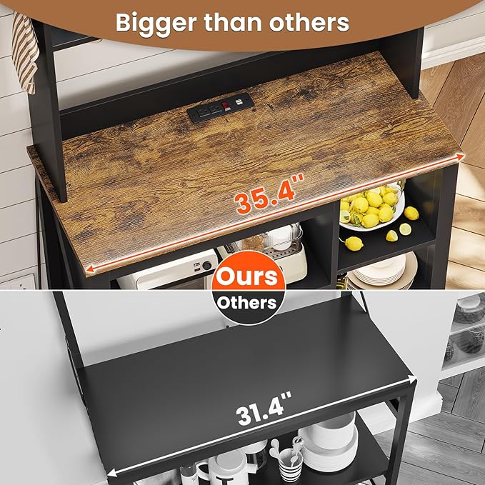 Itaar 35.4 inch Coffee Bar Cabinet, Bakers Rack with Power Outlet and Storage, Farmhouse Microwave Stand Kitchen Cabinet with Hutch, LED Lights, Wine Glass Holder and 8 Hooks, Black