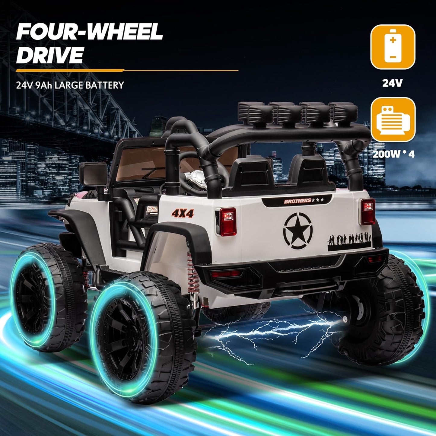 24V 9Ah Ride on Toy for Big Kids, 4WD 2 Seater Ride on Car Truck with Remote Control, 4x200W Motor - White