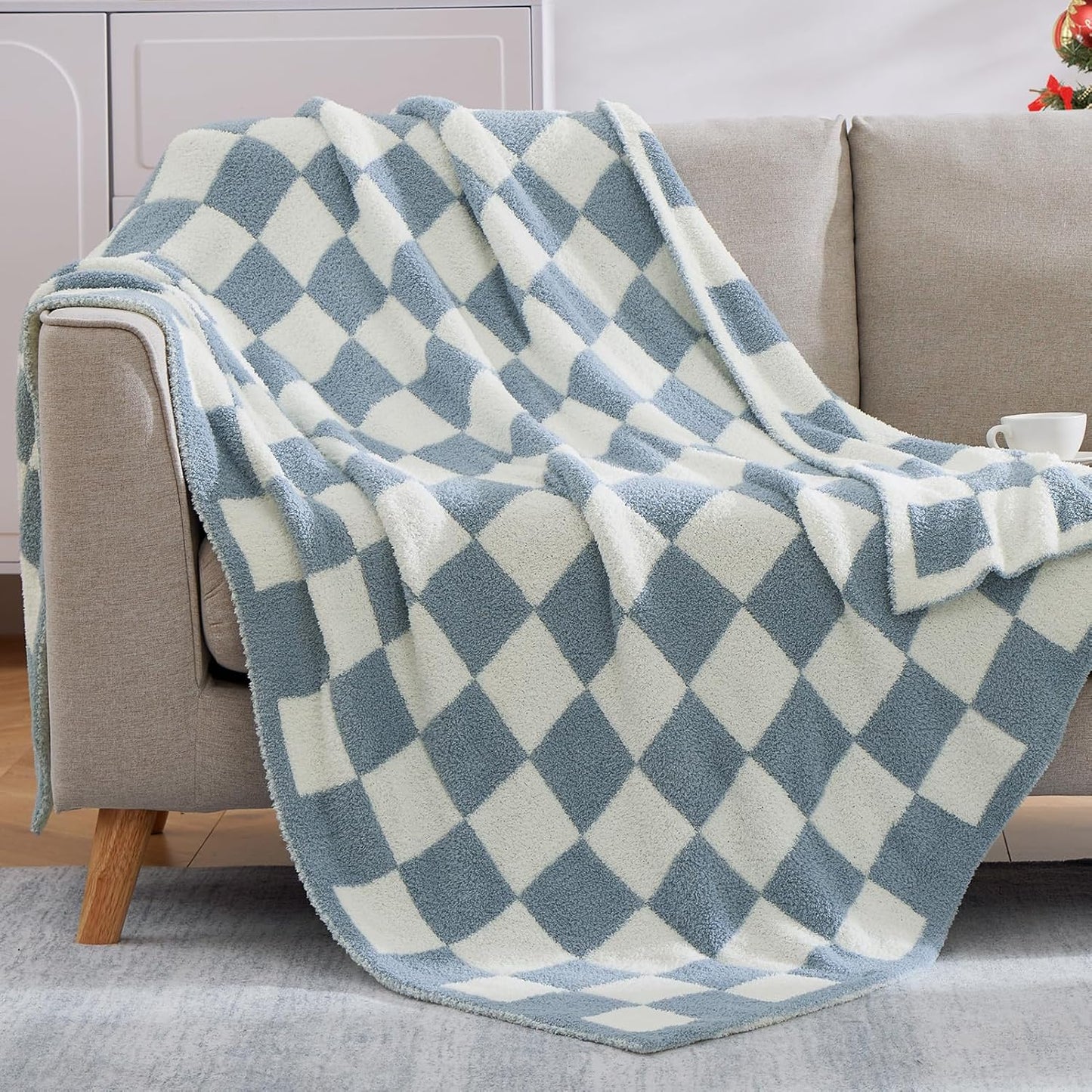 WRENSONGE Checkered Throw Blanket, Grey Blue Soft Cozy Fluffy Warm Hand Made Throw Blankets for Couch, Sofa, Chair, Bed, Camping, Picnic, Travel Lightweight Bed Blanket - 50"*70"