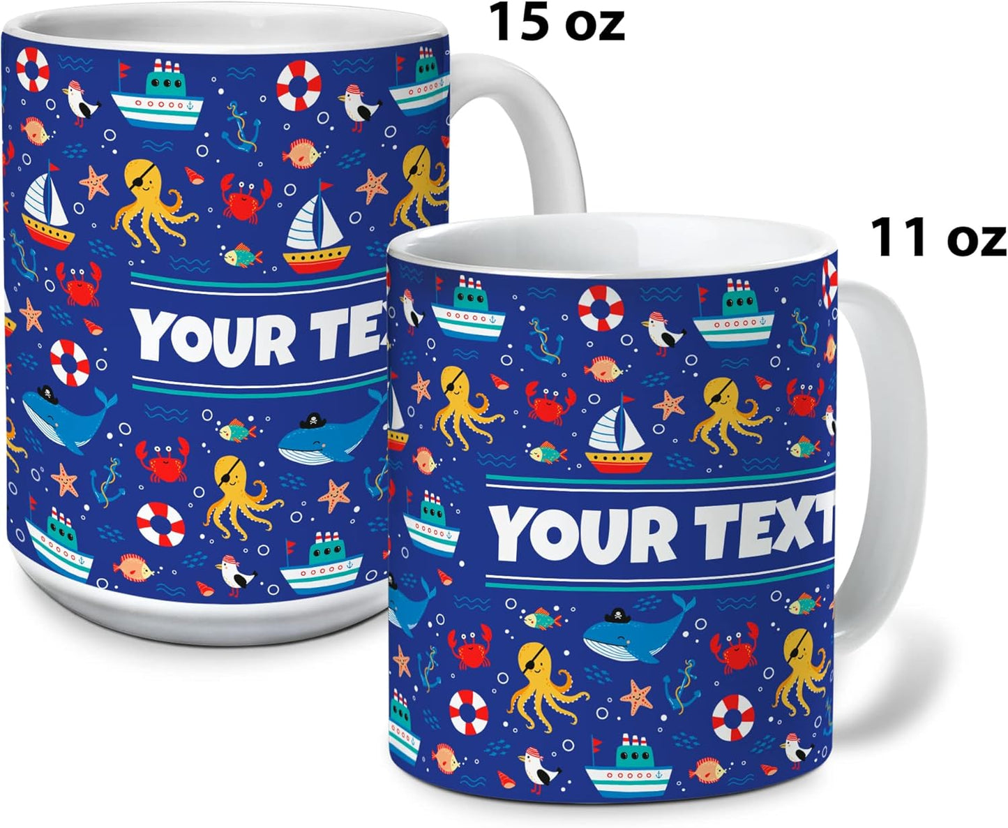 Personalized Mug for Kids - Nautical - Custom Name/Text, Ceramic Hot Chocolate/Cocoa/Coffee Cup for Boys/Girls, Birthday/Christmas/Holiday Gift - 11 oz, White Handle