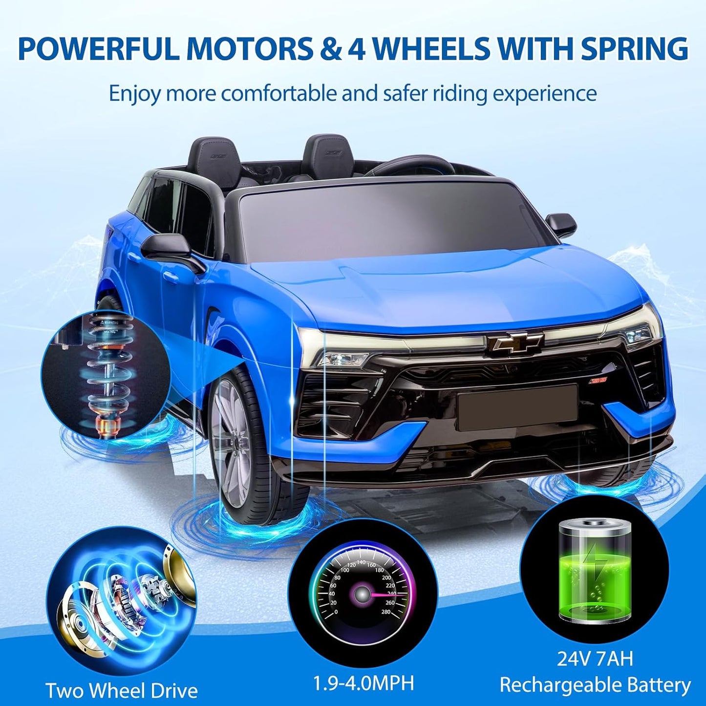 Hetoy 24V 2-Seater SUV Licensed Chevrolet Blazer Ride On Car Toy w/Parent Remote Control, 3 Speeds, Wireless Music, MP3 Player, Electric Car for Kids Ages 3-8, Blue