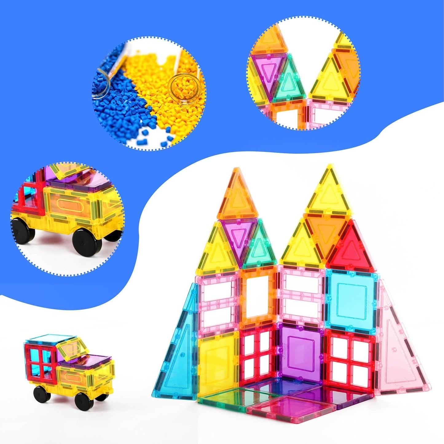 PicassoTiles Magnet Tile Building Blocks with Car Base Drawstring Storage Travel Bag Carry Case Magnetic Tiles Construction Toy STEM Learning Educational Kit Sensory Playset Preschool Kids 3+ PC61
